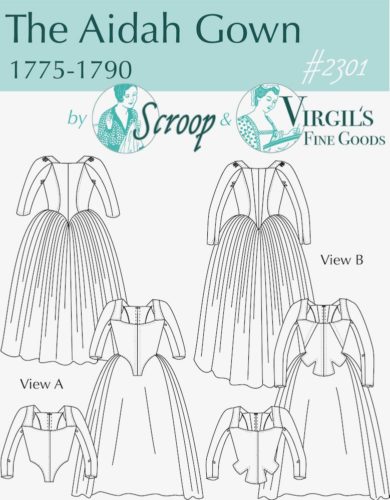 Image shows the front page of a sewing pattern, with front and back views of an 18th century Italian Gown with pointed and tabbed front, and a teal banner reading 